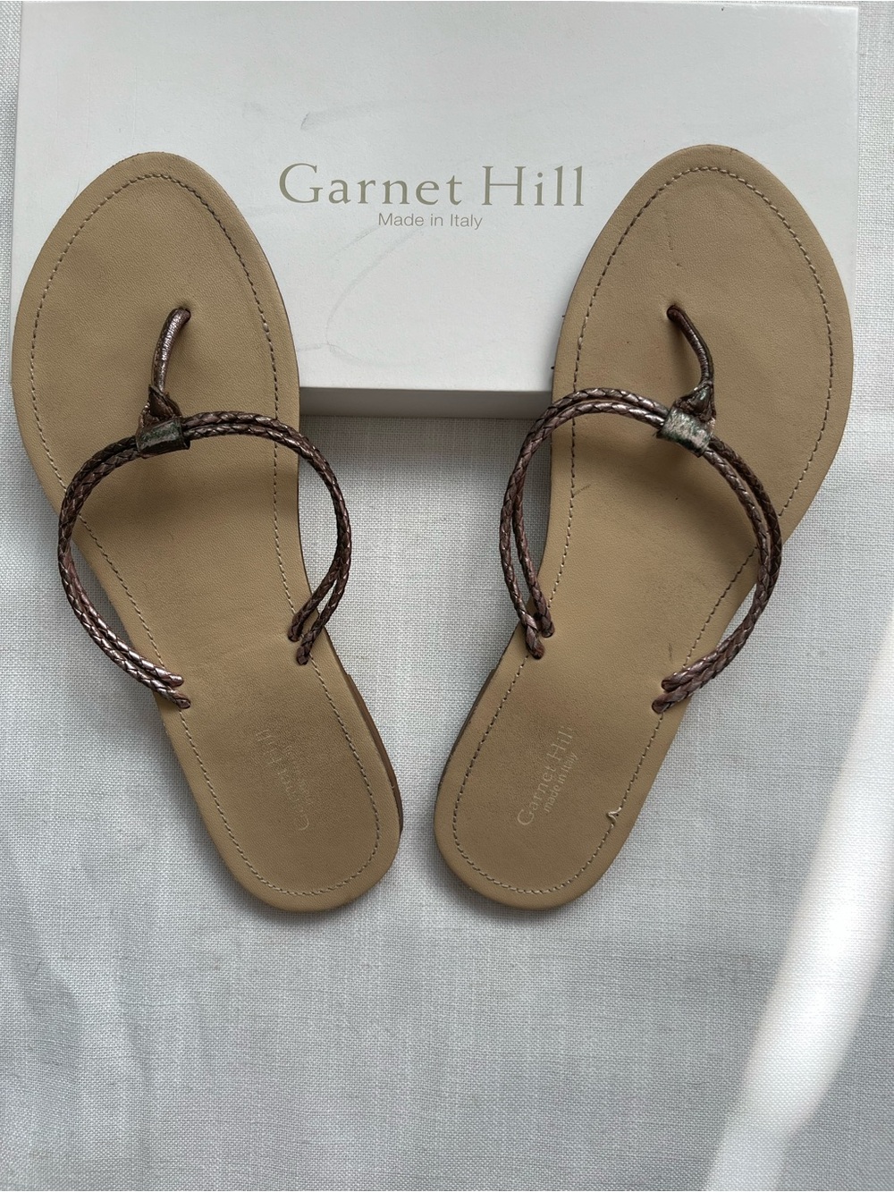 Garnet Hill Braided Toe-Loop Sandals in Tan with Bronze Straps